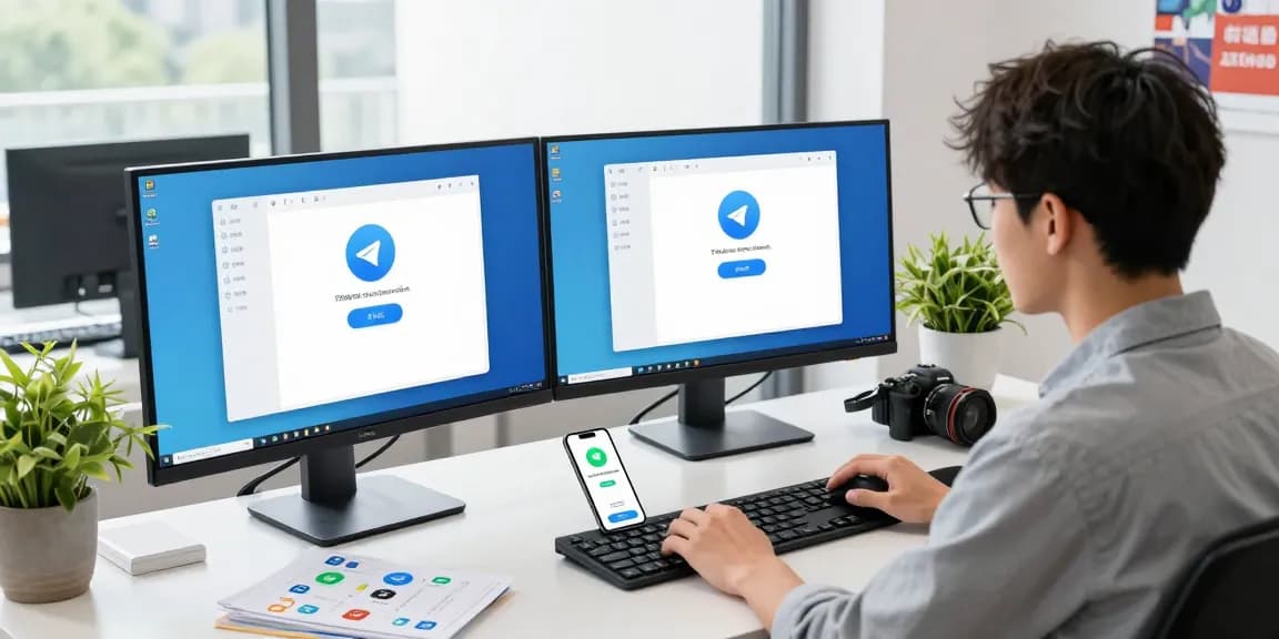 Configuring Telegram Chinese language settings in a modern workspace with dual monitors and vibrant decor.