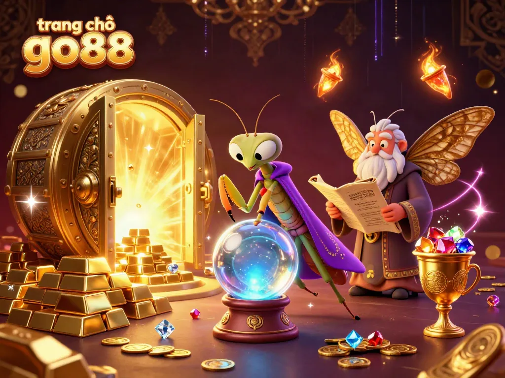 Experience the vibrant scene of trang chủ go88 with mystical characters amidst a treasure-filled casino environment.