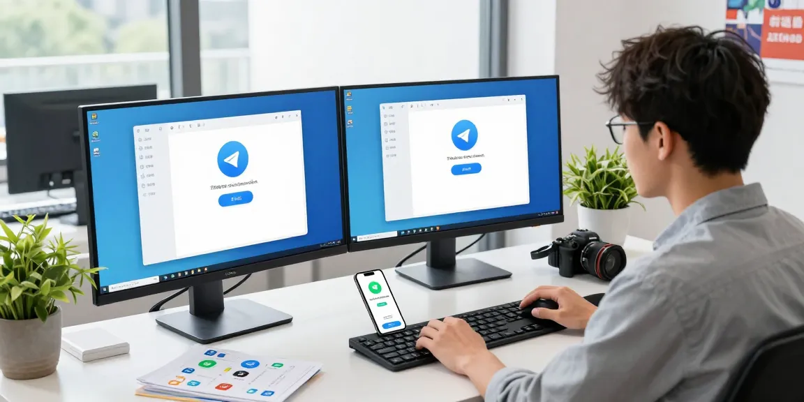 Configuring Telegram Chinese language settings in a modern workspace with dual monitors and vibrant decor.