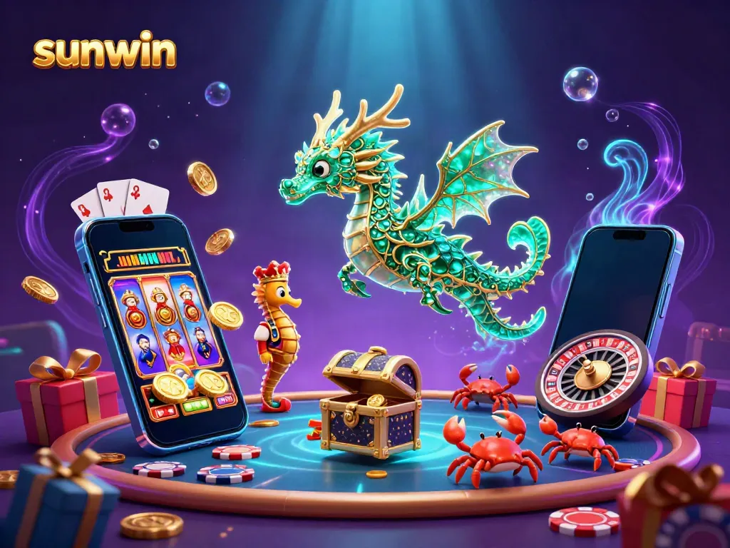 Experience thrilling moments with sunwin as the emerald sea dragon and treasure chest create an enchanting gambling scene.