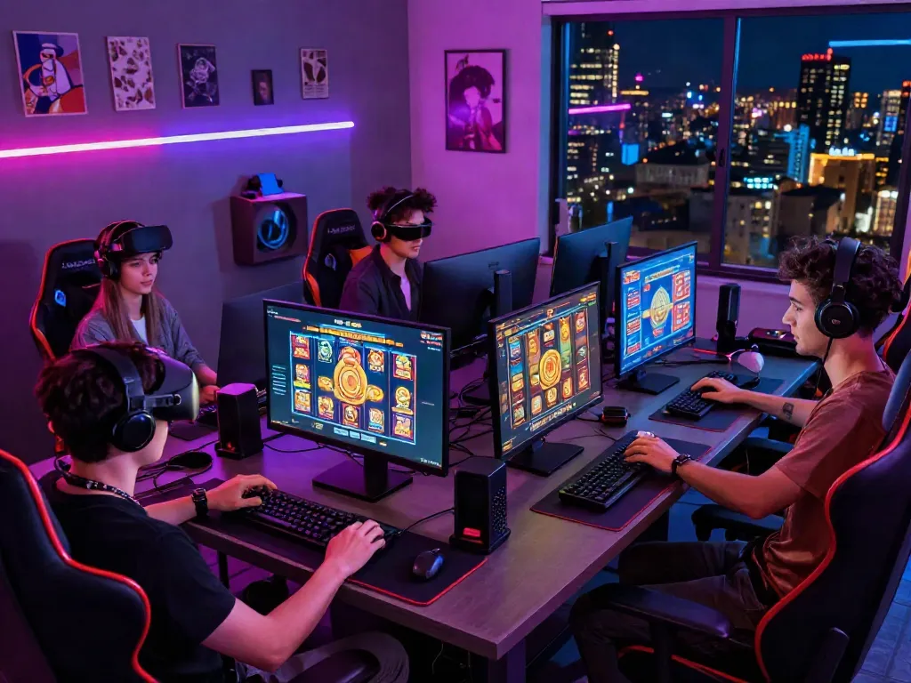 Engaging gaming scene with friends playing slot88 resmi on vibrant monitors.