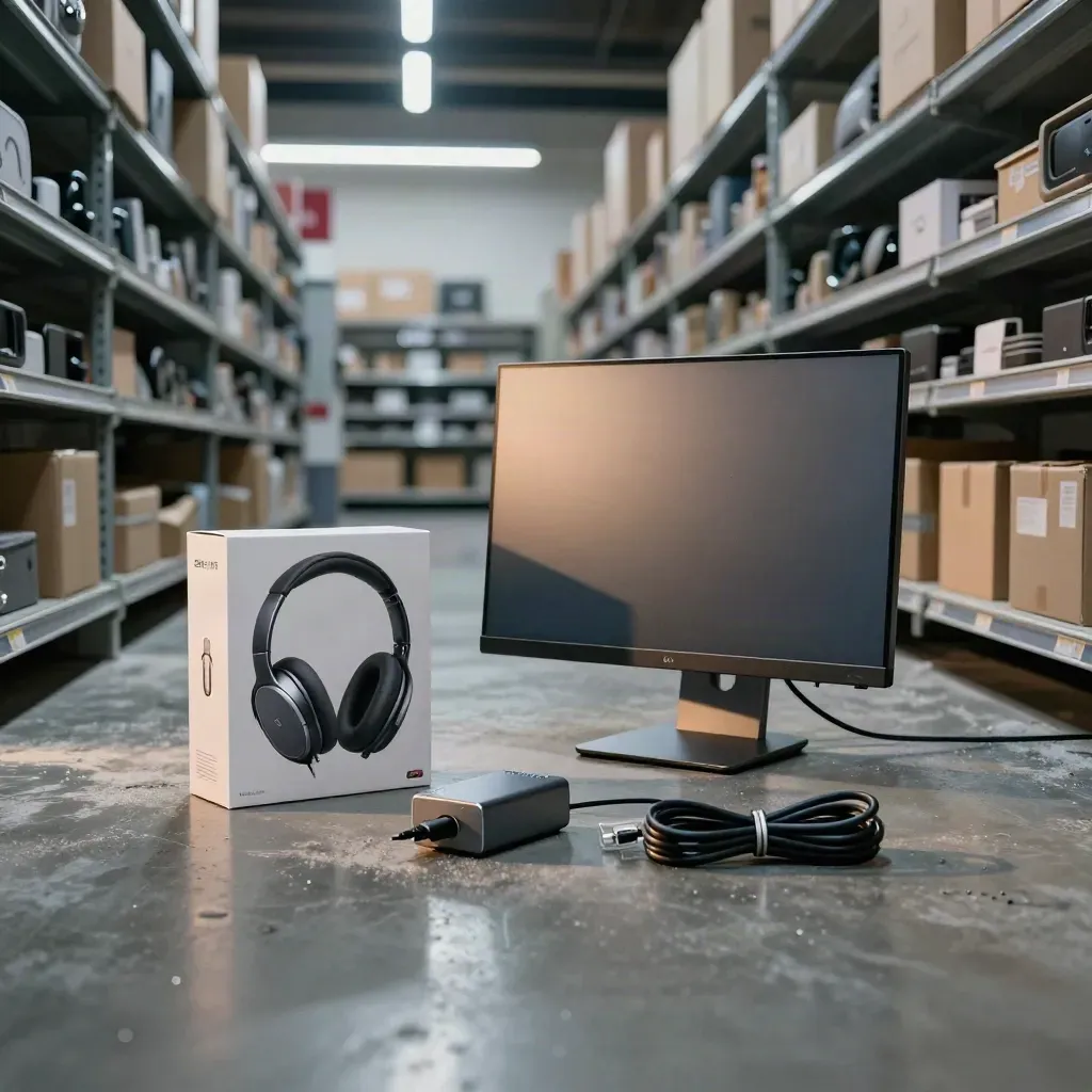 Hörlurar, skärm och laddare i en tom elektronikgång en kall vinterkväll