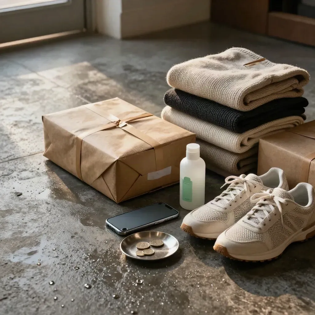 Paket, stickad tröja, sneakers, mobil och myntbricka på våt golvyta i morgonljus.