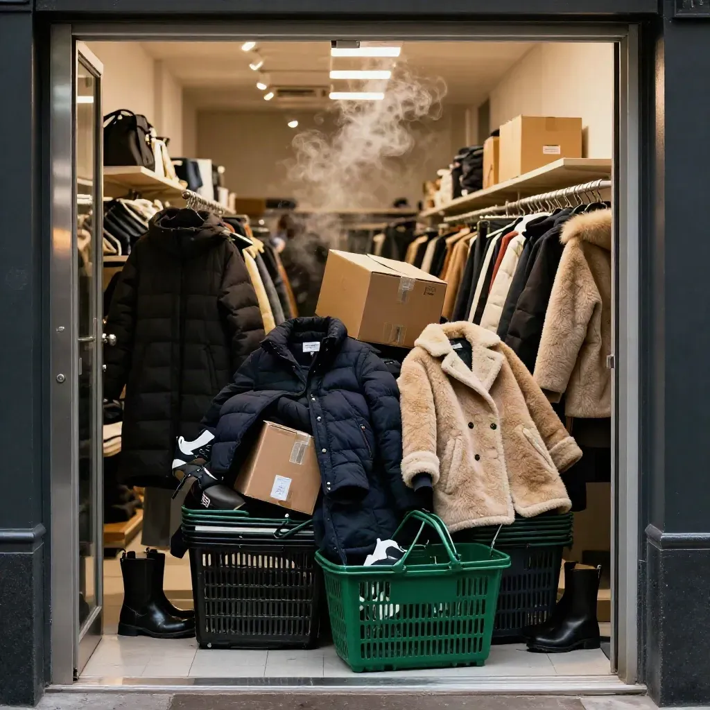 Blöta vinterjackor, skor, kartonger och kundkorgar i en butiksentré i snöblandat regn.