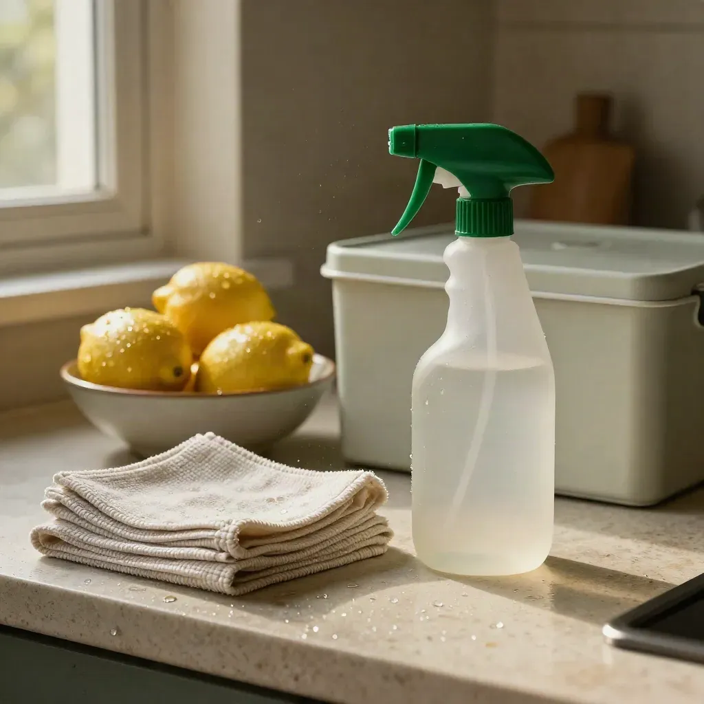 Städkit med sprayflaska, mikrofiberdukar, citroner och lådor på ljus arbetsbänk i regnigt kök.