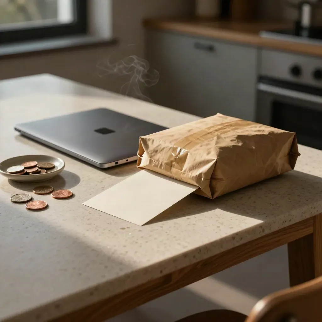 Stängd laptop, myntskål och paket på köksbord i varmt kvällsljus