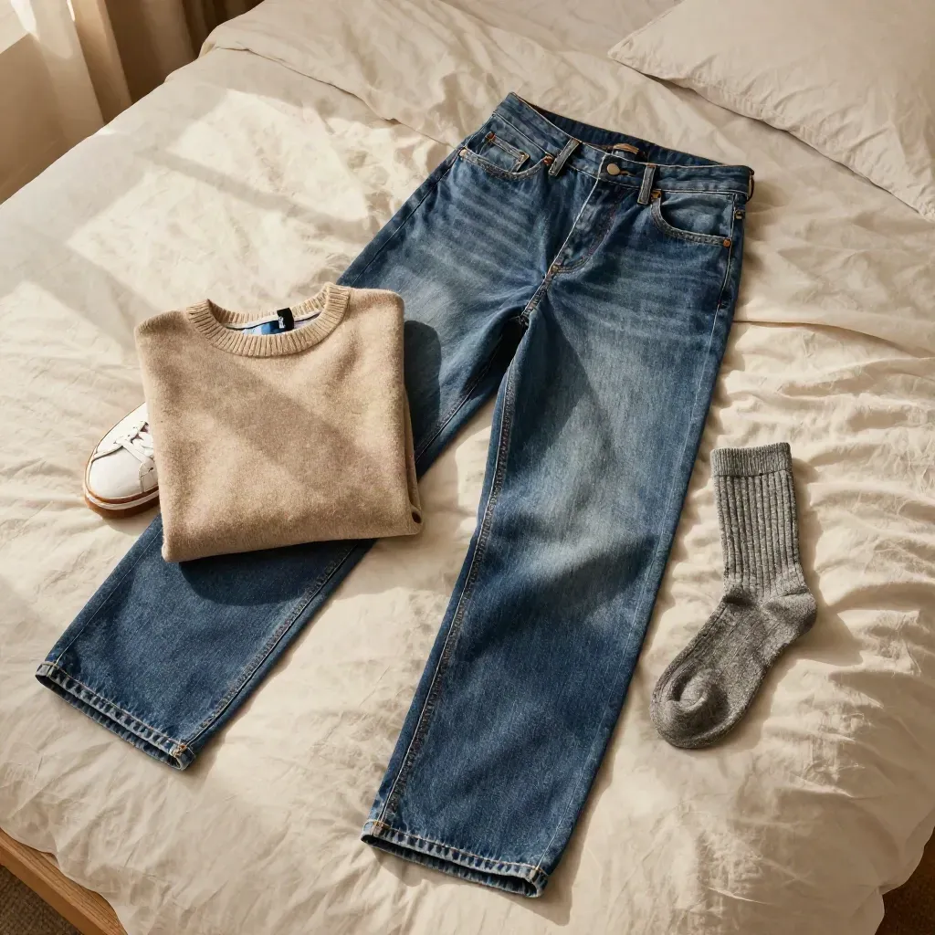 Jeans, stickad tröja och sneakers utlagda på en skrynklig säng i mjukt eftermiddagsljus