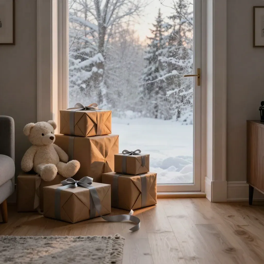 Presenthögar vid vardagsrumsgolvet med paket, spel, mjukis och kartong i vinterljus.