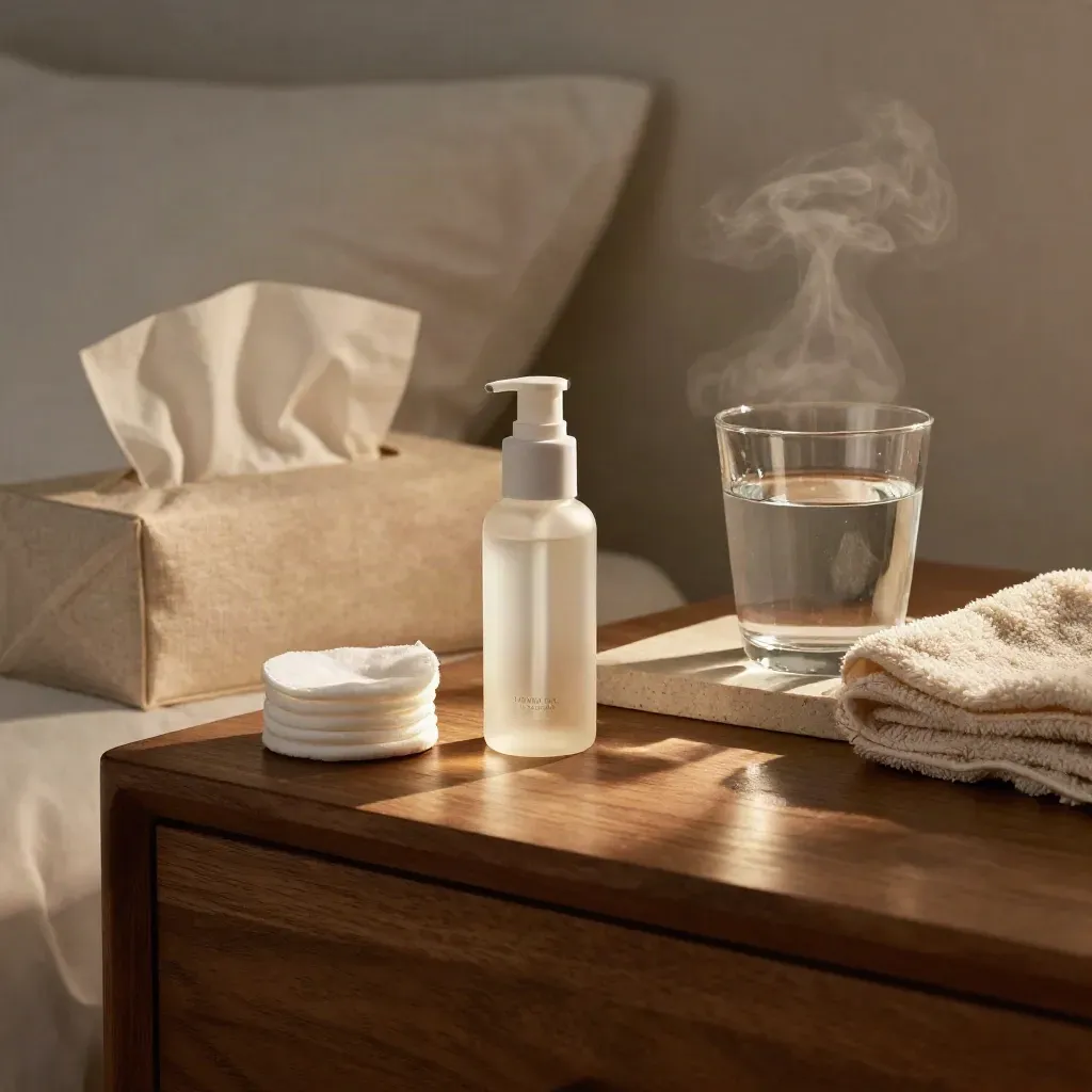 Skincareflaskor, vitaminburk, näsdukslåda och vattenglas på sängbord i varm kvällsbelysning.