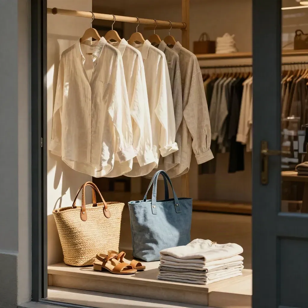 Sommarrea i butik med linneskjortor, sandaler, strandväska och hemtextilier i rörelse