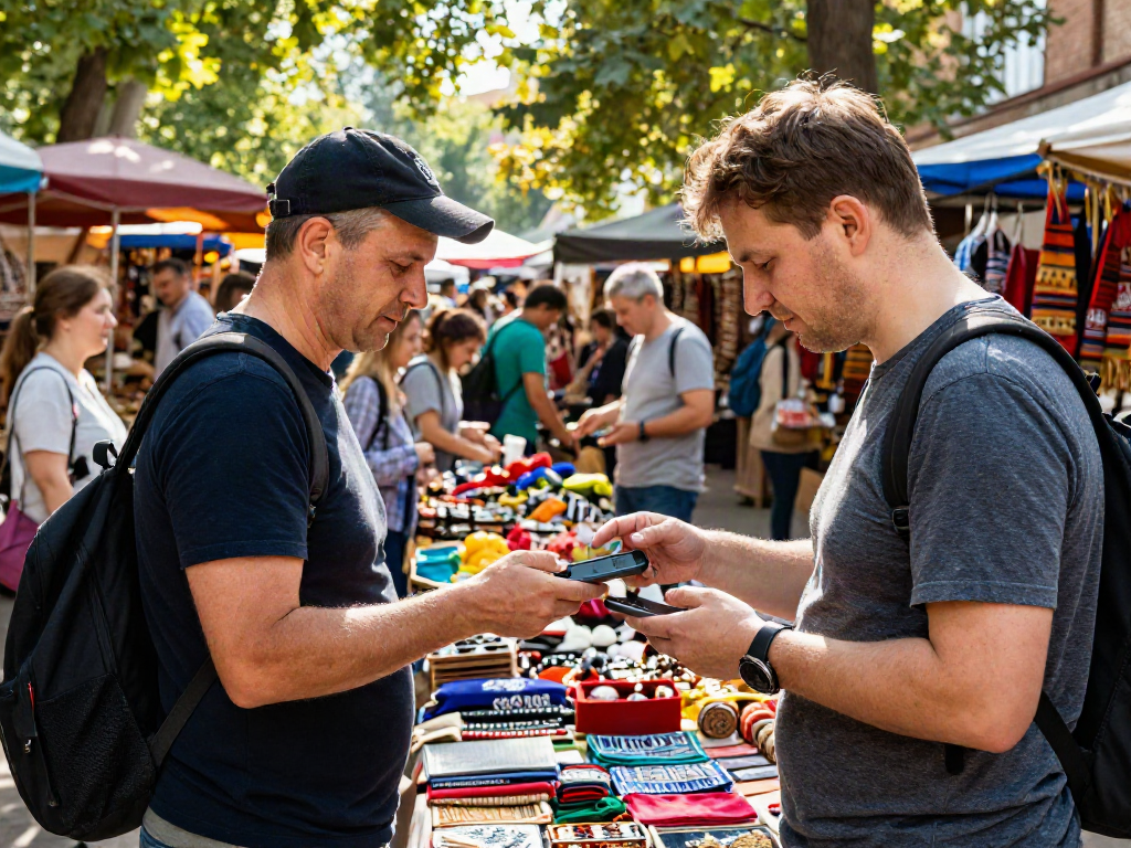 Interacción en un mercado ruso usando https://payinrussia.com/ para realizar pagos digitales mientras se disfrutan productos locales.