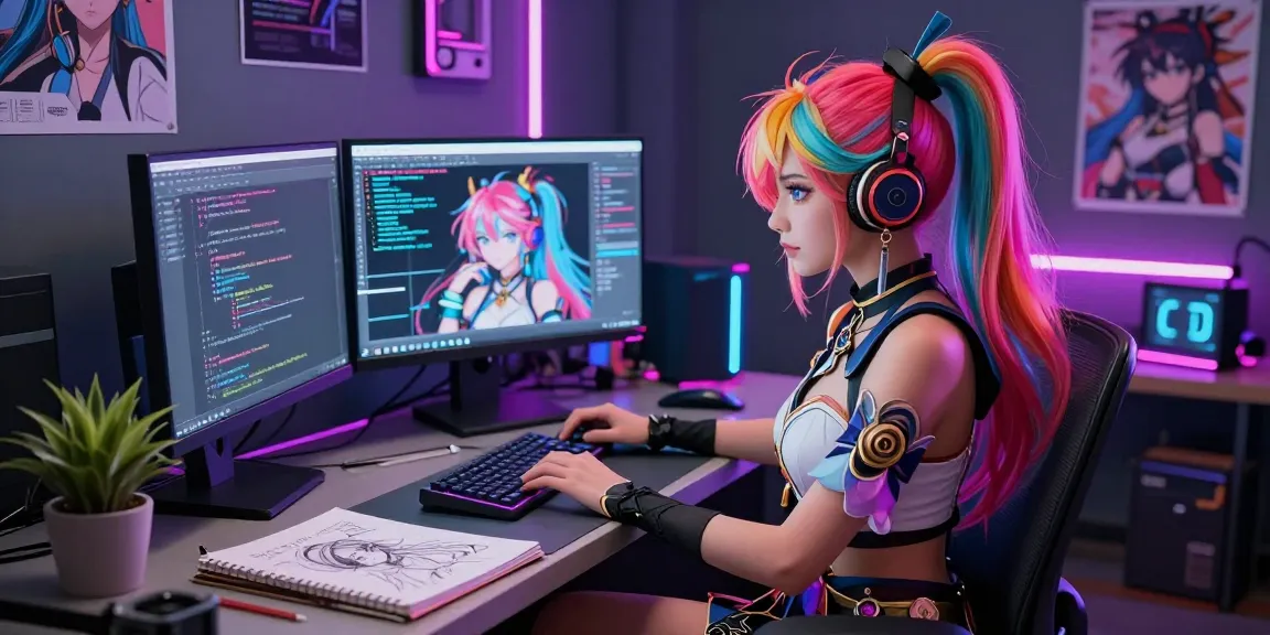 AI hentai inspired digital character design with vibrant colors and creative workspace setting.