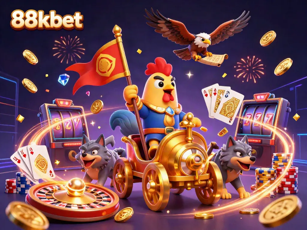 88kbet dynamic 3D illustration featuring a rooster warlord amidst casino elements and a vibrant backdrop