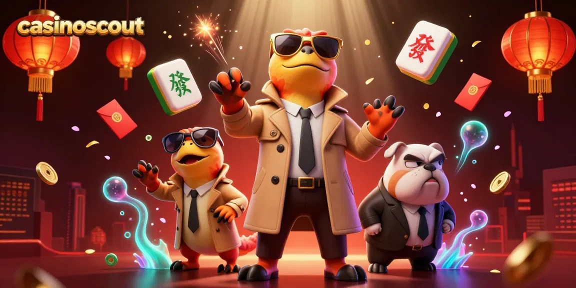 casinoscout engaging with three raptors in a trench coat attempting to enter a VIP lounge with dynamic casino elements.