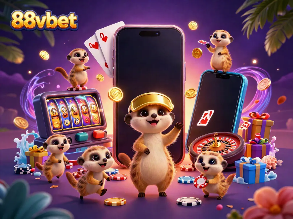 88vbet meerkats run a casino showcasing slot games and chips in a vibrant 3D scene.