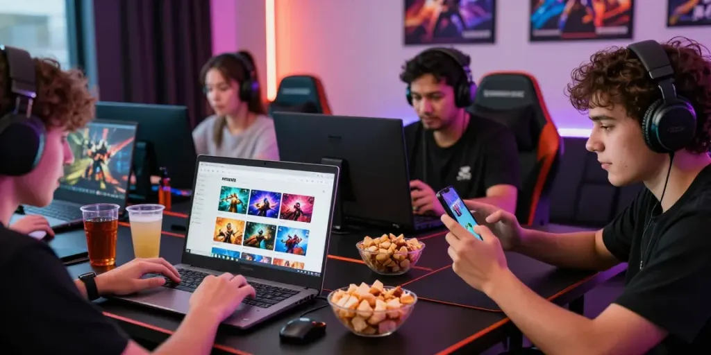 Interactive scene of online gamers enjoying games on ROKOK88, showcasing vibrant gaming atmosphere.