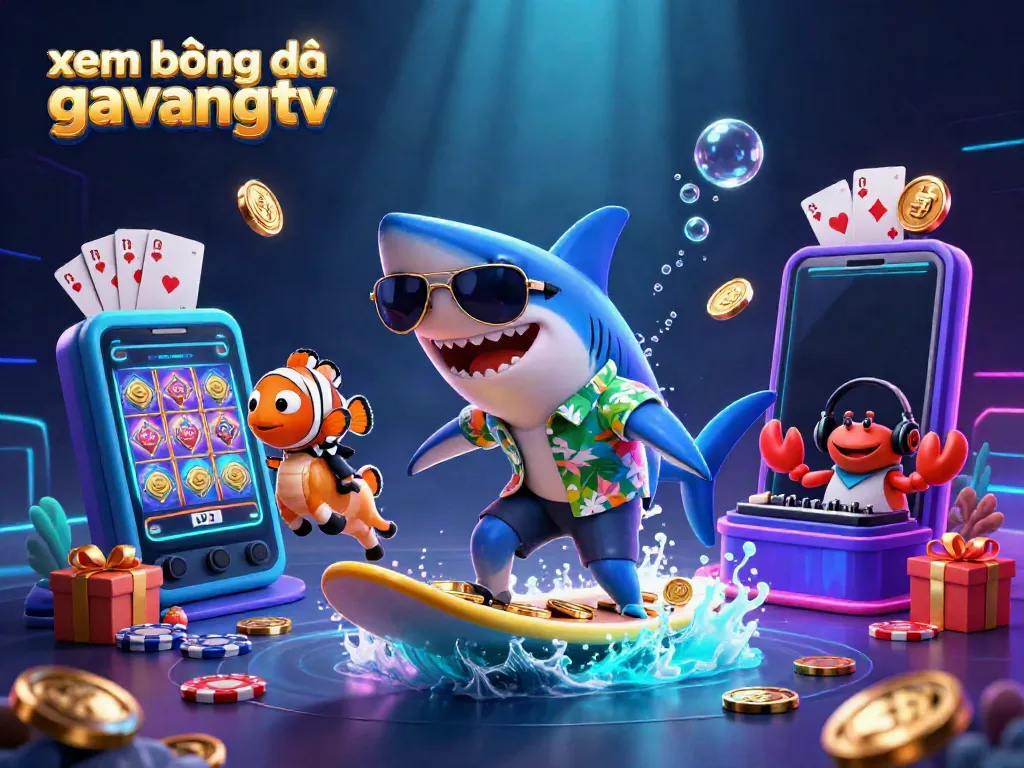 Experience xem bóng đá gavangtv with a vibrant 3D illustration featuring a shark, clownfish, and DJ crab surrounded by gaming elements.