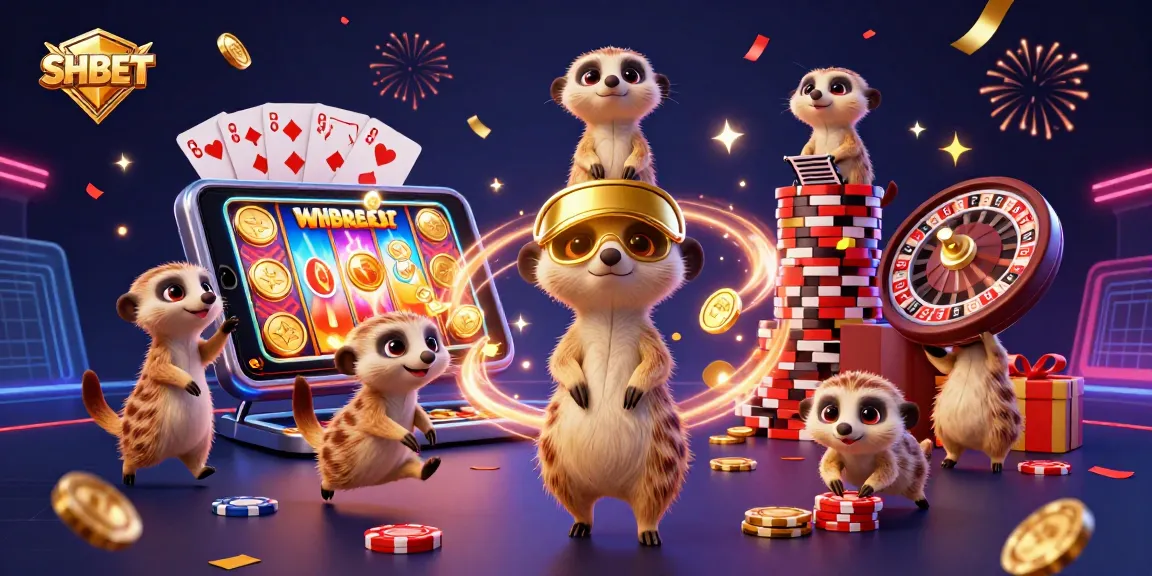 Play slots and win rewards at SHBET with cartoon meerkats managing a vibrant casino scene.