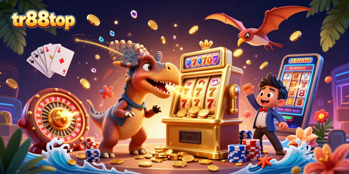 tr88top unleashes excitement in a vibrant casino scene with dinosaurs and slot machines.